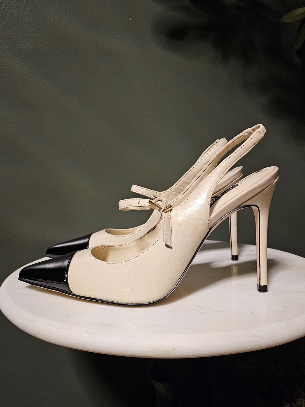 Nine West Beige and Black Pointed-Toe Slingback Pumps